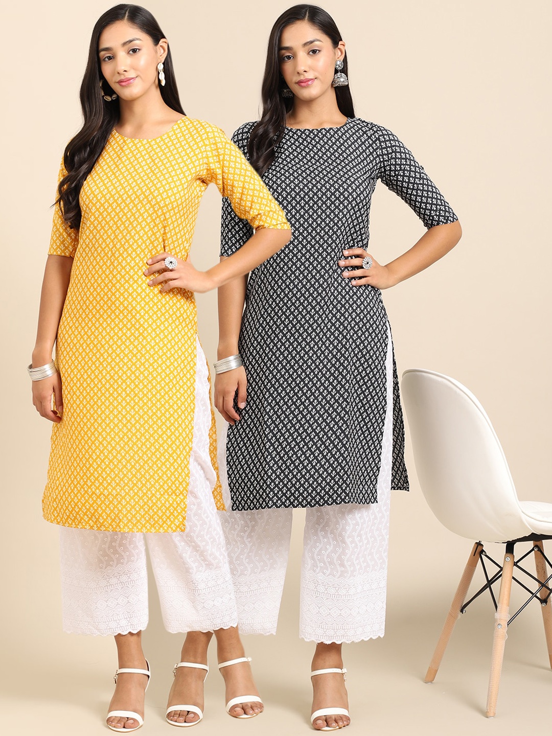 

7Threads Women Pack Of 2 Blue & Yellow Ethnic Motif Printed Crepe Straight Kurta