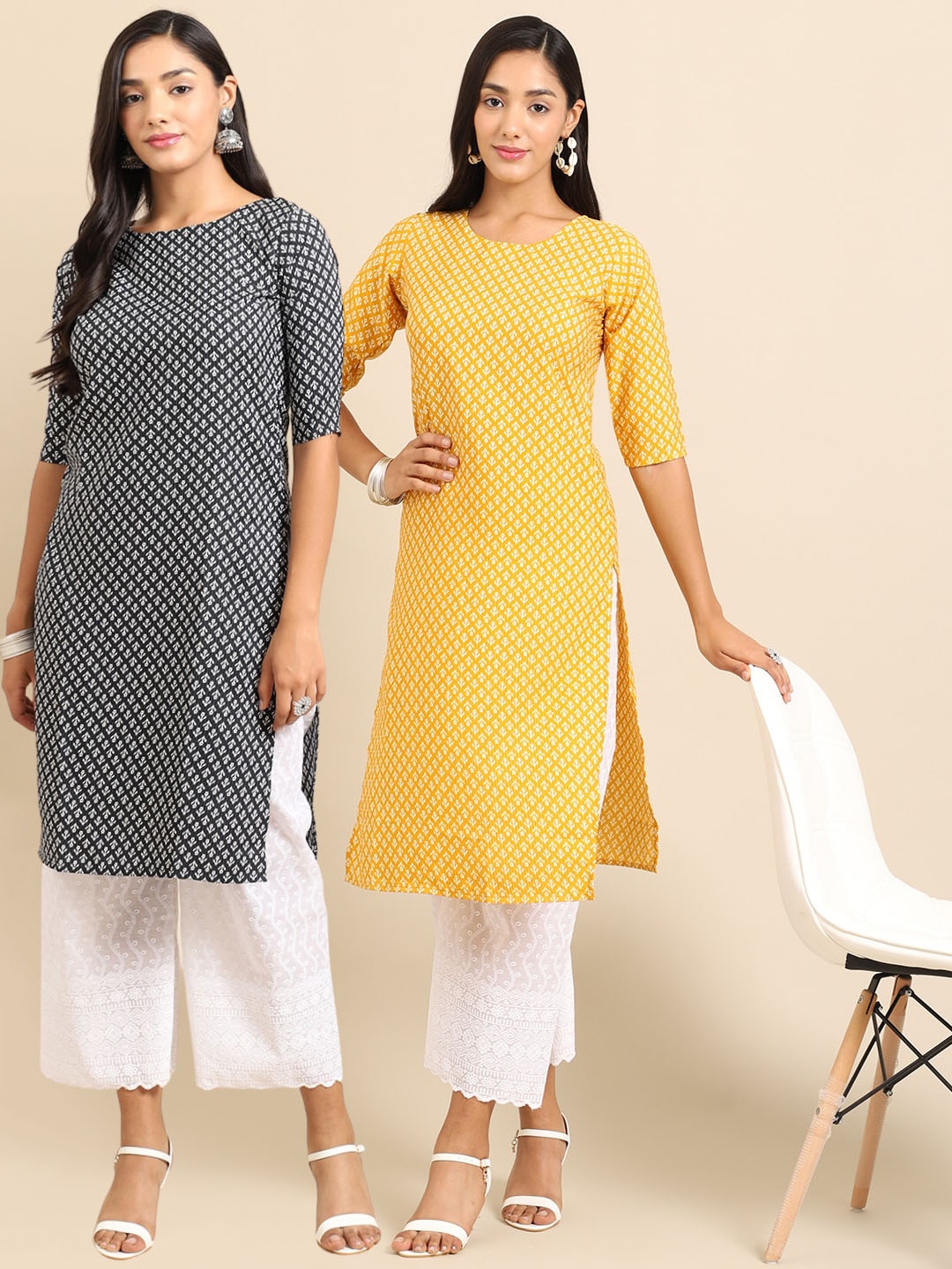 

7Threads Pack Of 2 Women Black & Yellow Printed Crepe Kurta