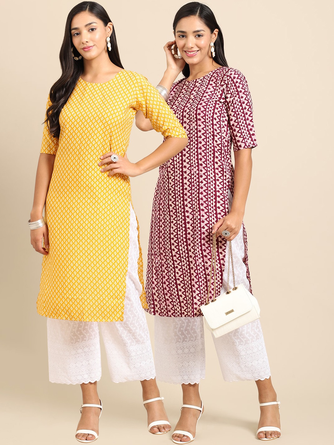 

7Threads Women Pack of 2 Yellow & Maroon Ethnic Motifs Printed Keyhole Neck Crepe Kurta