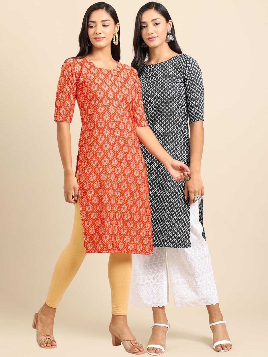 

7Threads Set of 2 Women Printed Block Print Handloom Crepe Straight Kurta, Orange