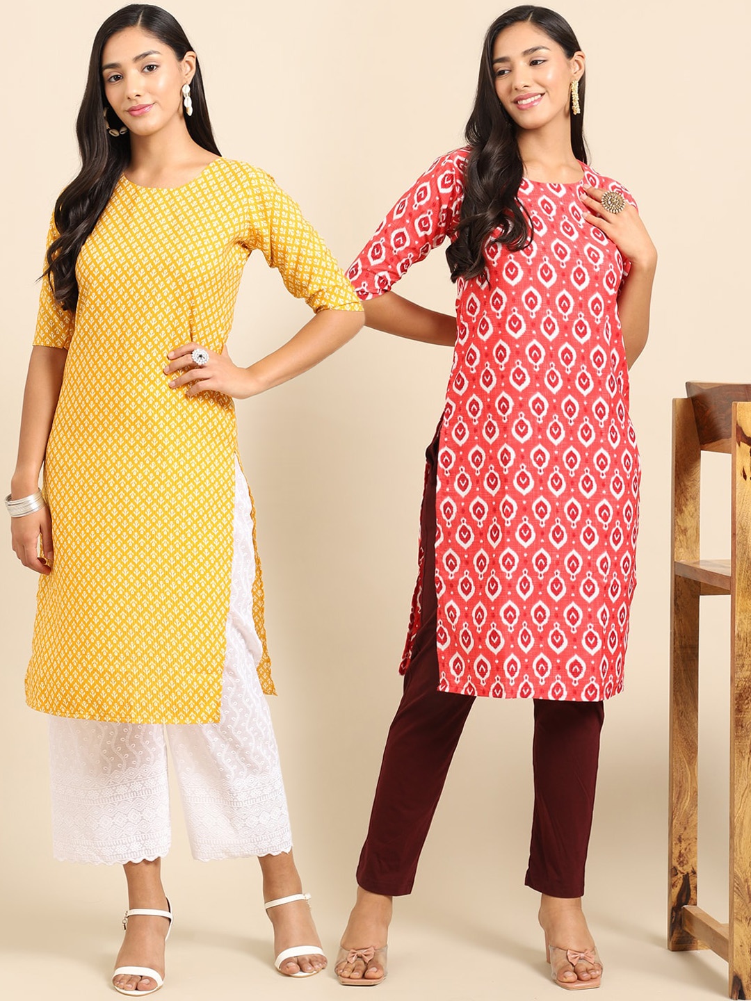

7Threads Women Set Of 2 Yellow & Peach-Coloured Floral Printed Crepe Kurta