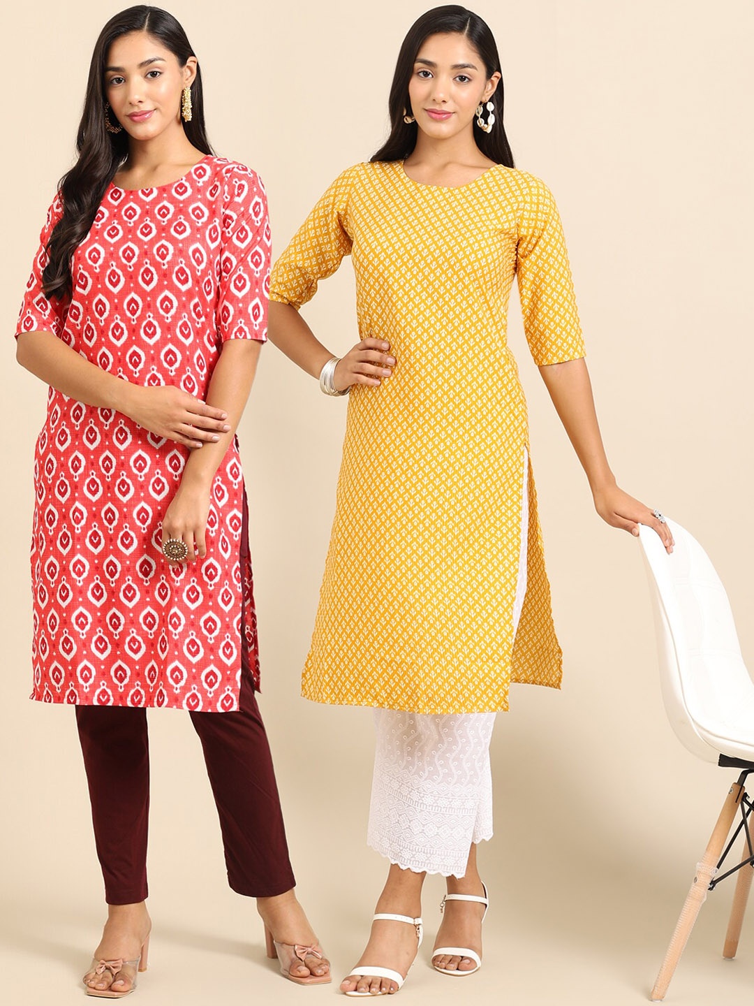 

7Threads Women Pack Of 2 Peach-Coloured & Yellow Geometric Printed Block Print Crepe Kurtas