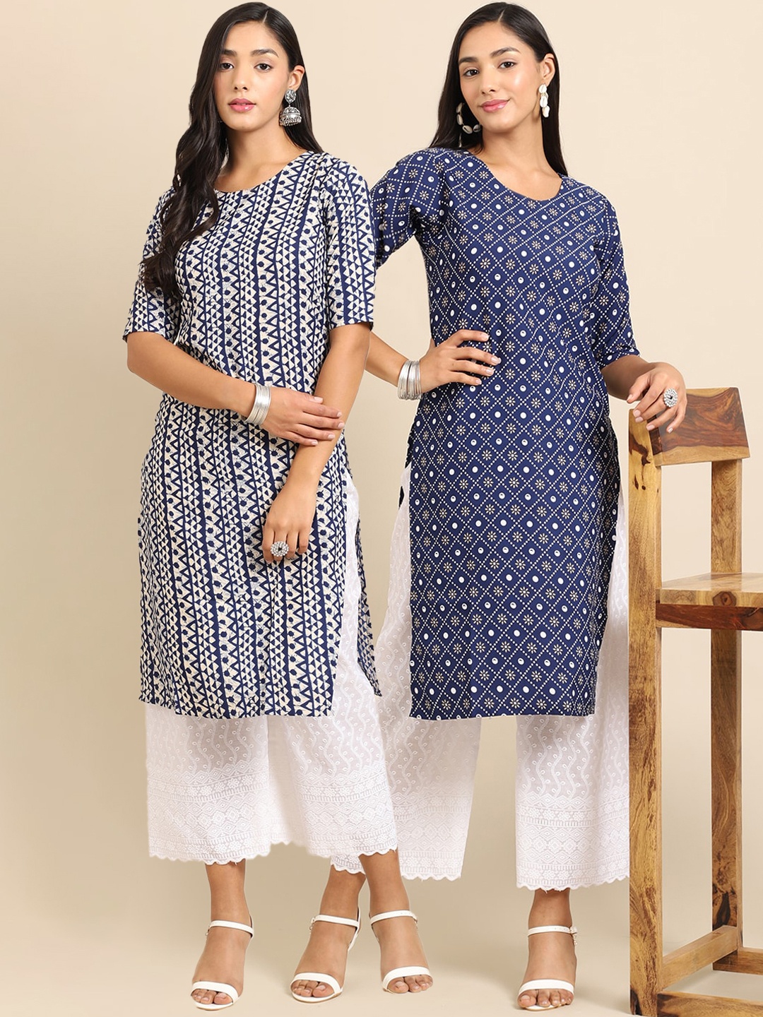 

7Threads Women Pack of 2 White & Blue Ethnic Motifs Printed Crepe Kurta