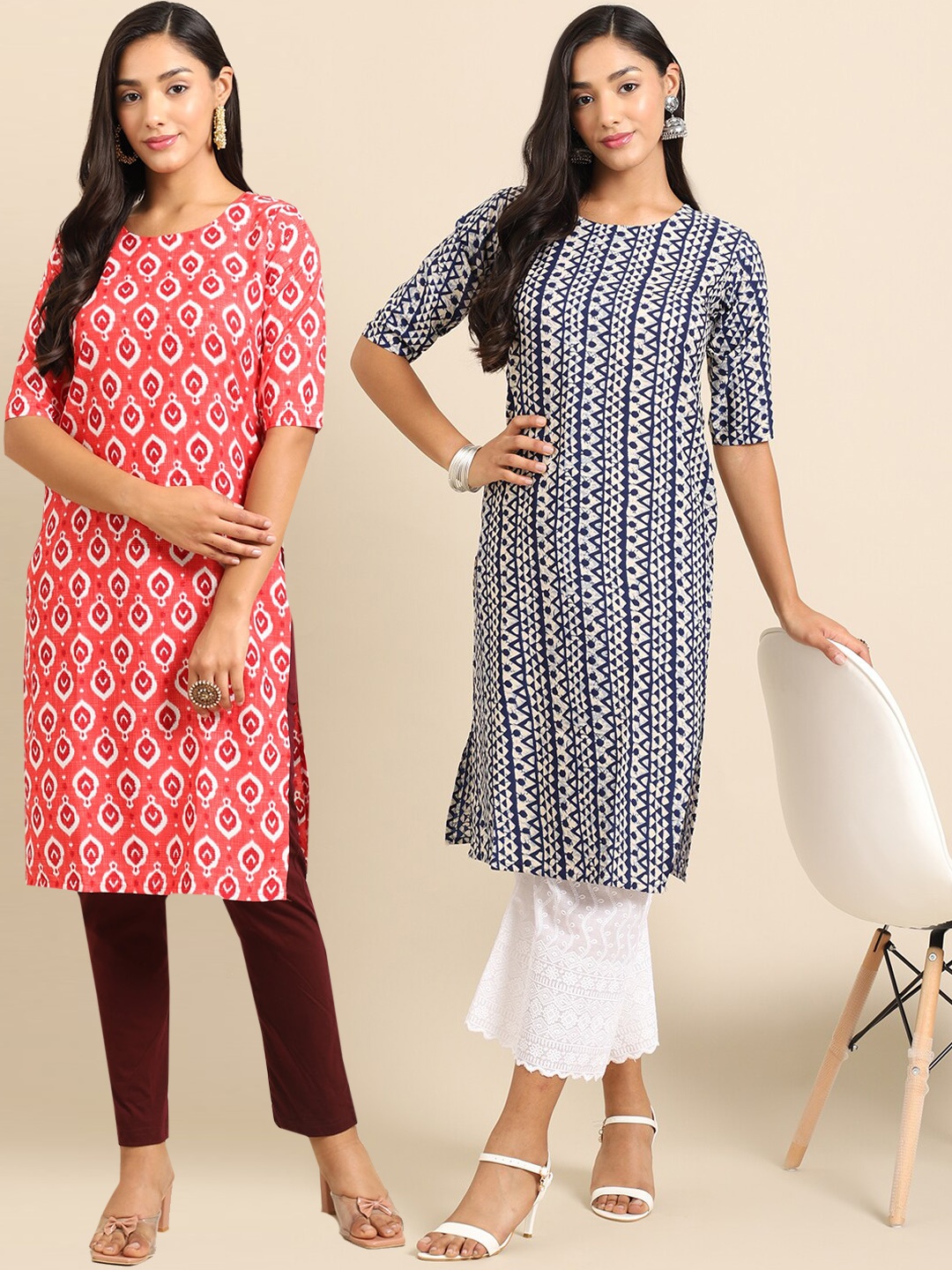 

7Threads Women Multicoloured Pack of 2 Digital Printed Straight Kurtas, Multi