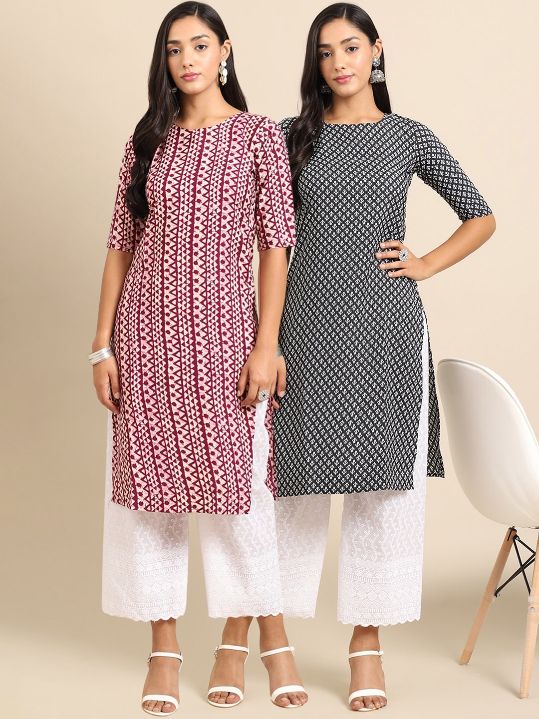 

7Threads Women Pack Of 2 Maroon & Black Geometric Printed Crepe Kurta