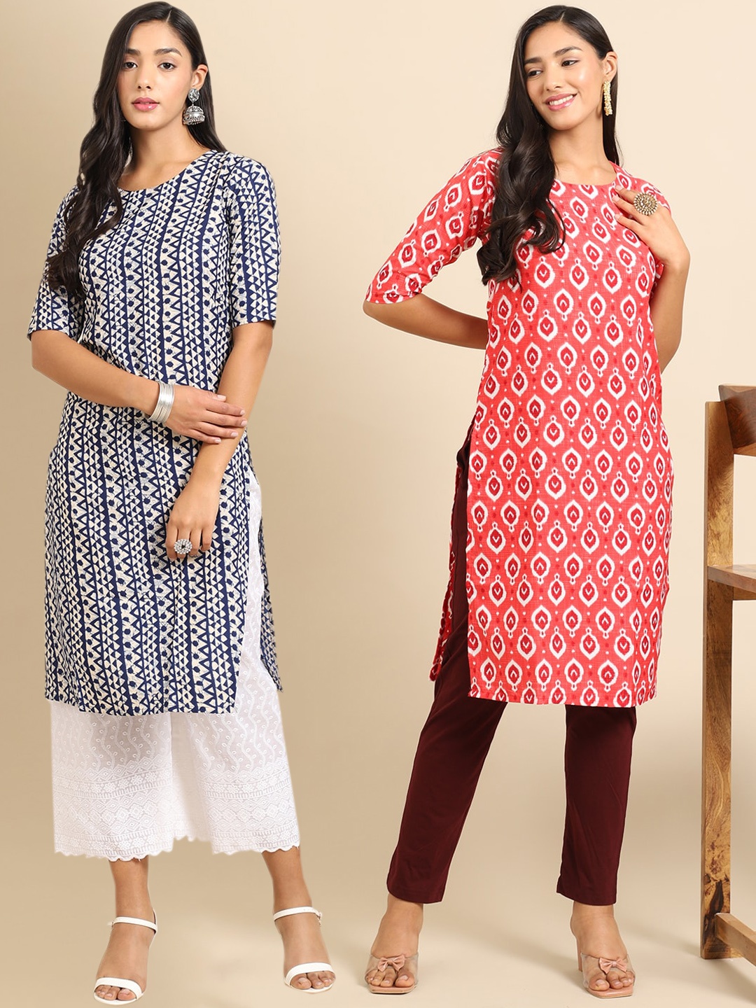 

7Threads Women Blue & Pink Geometric Printed Crepe Kurta