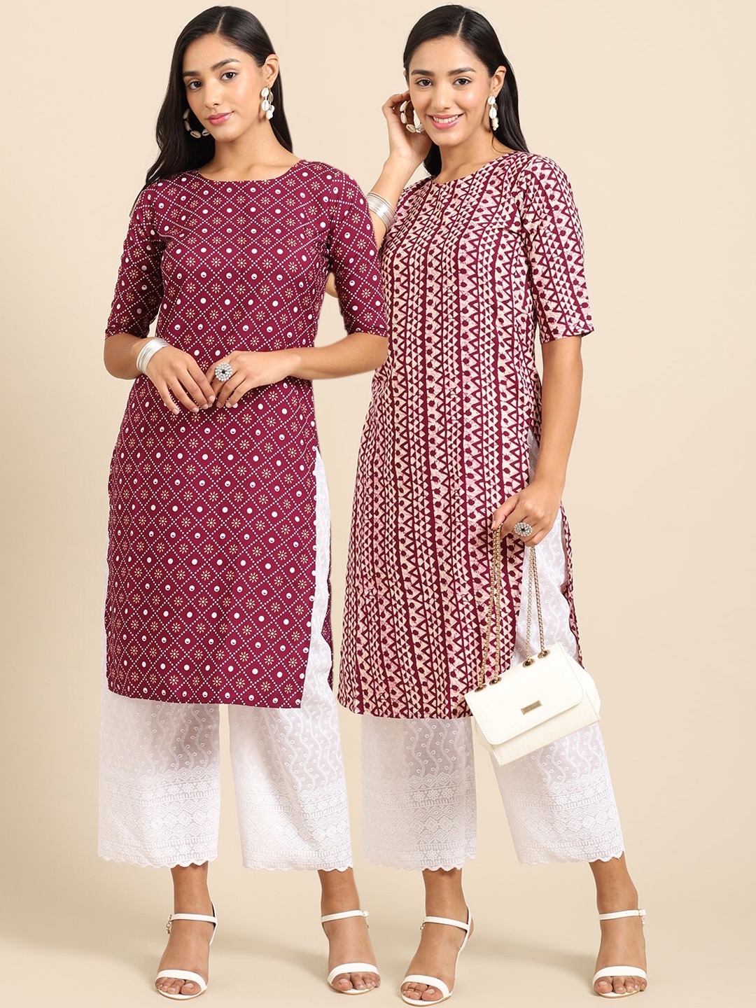 

7Threads Women Pack of 2 Maroon Ethnic Motifs Printed Crepe Kurta