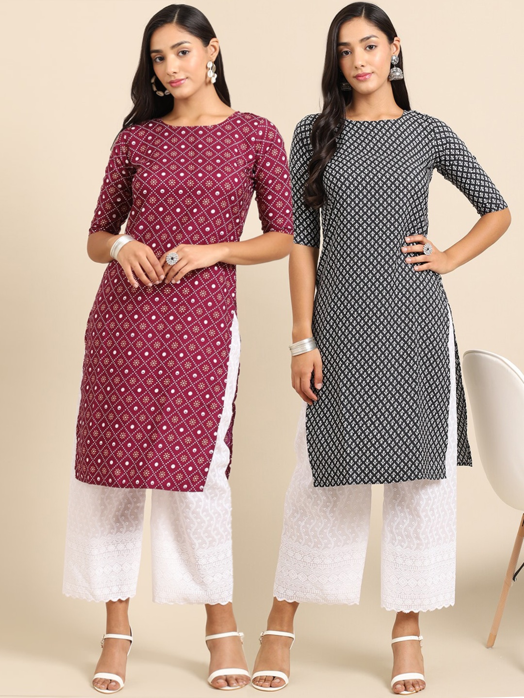 

7Threads Women Pack Of 2 Burgundy & Black Floral Printed Crepe Straight Kurta