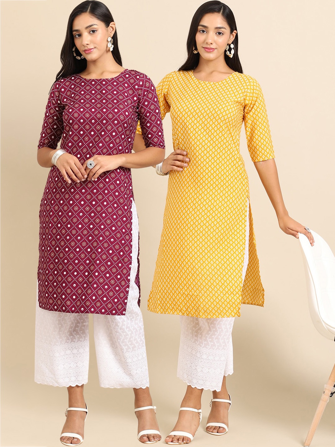 

7Threads Women Pack Of 2 Maroon & Yellow Geometric Printed Crepe Kurta