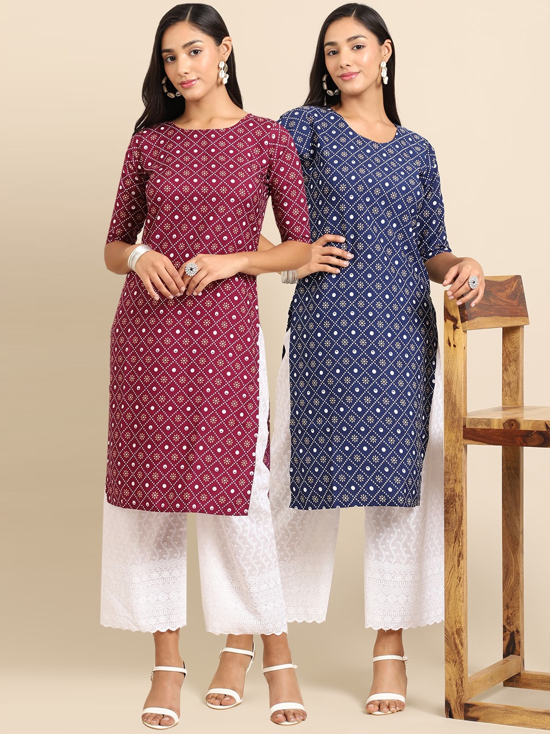 

7Threads Women Maroon & Blue Geometric Printed Crepe Pack of 2Kurta