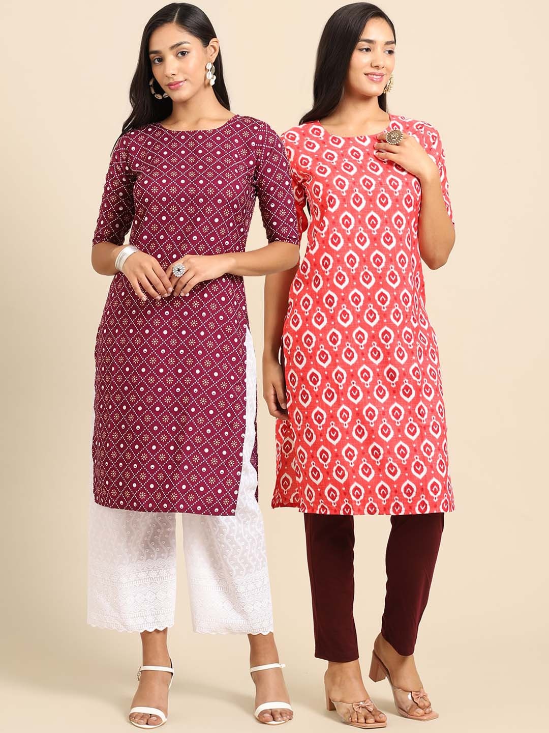 

7Threads Women Pack Of 2 Maroon & Peach-Coloured Geometric Printed Crepe Kurta