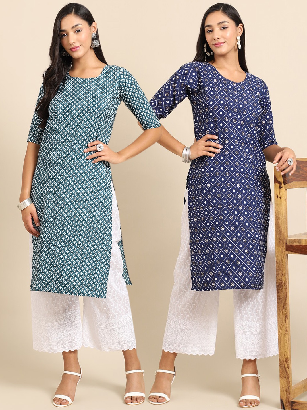 

7Threads Women Pack of 2 Printed Crepe Kurta, Teal