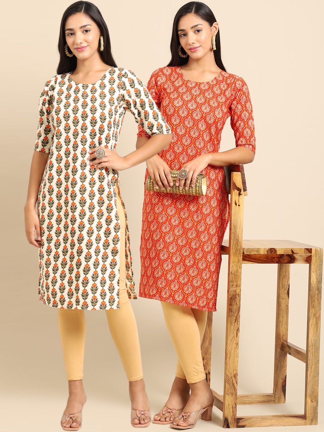 

7Threads Women Pack of 2 Off White & Orange Ethnic Motifs Printed Crepe Kurtas