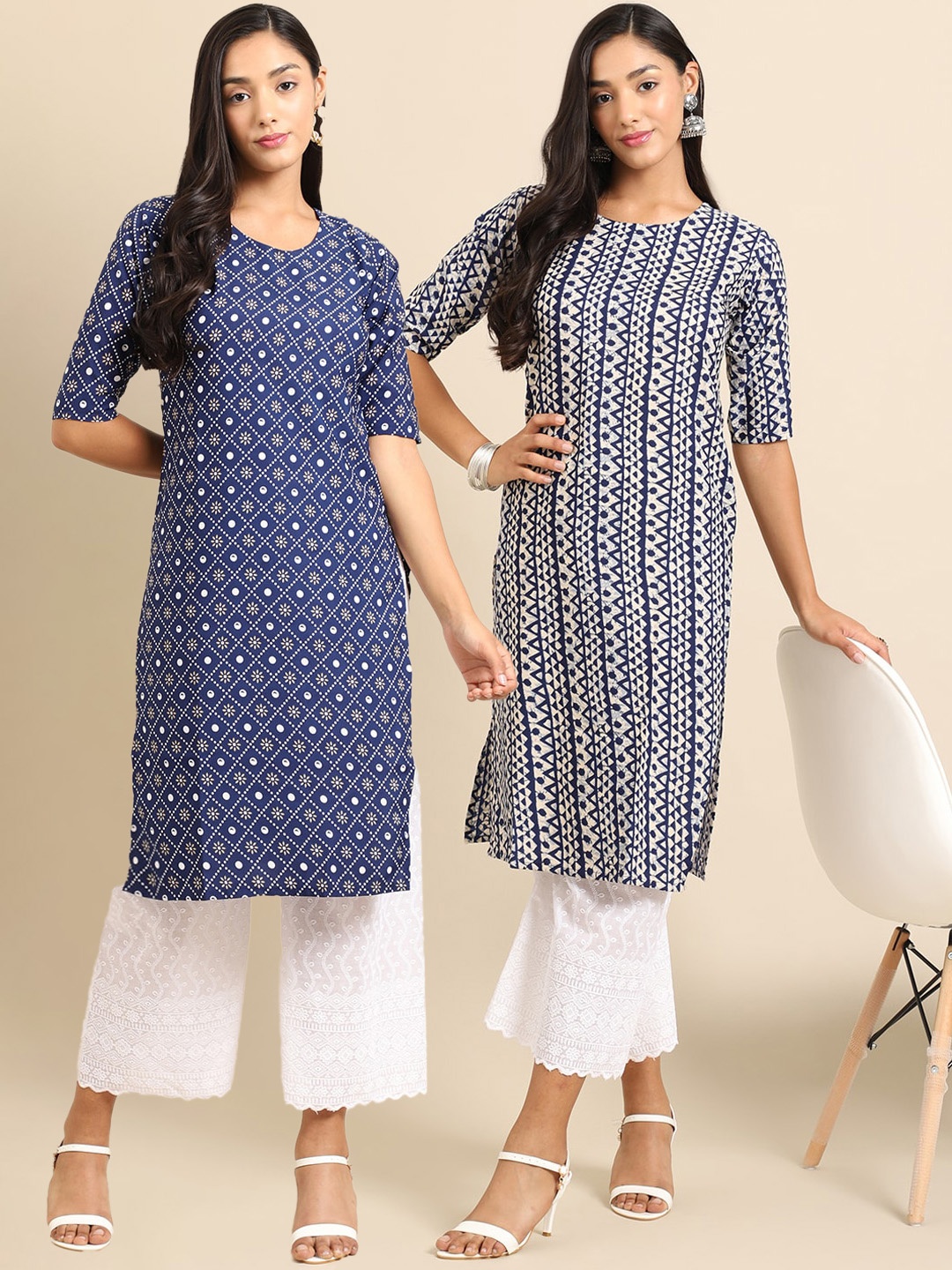 

7Threads Women Pack Of 2 Blue & White Floral Printed Crepe Straight Kurta