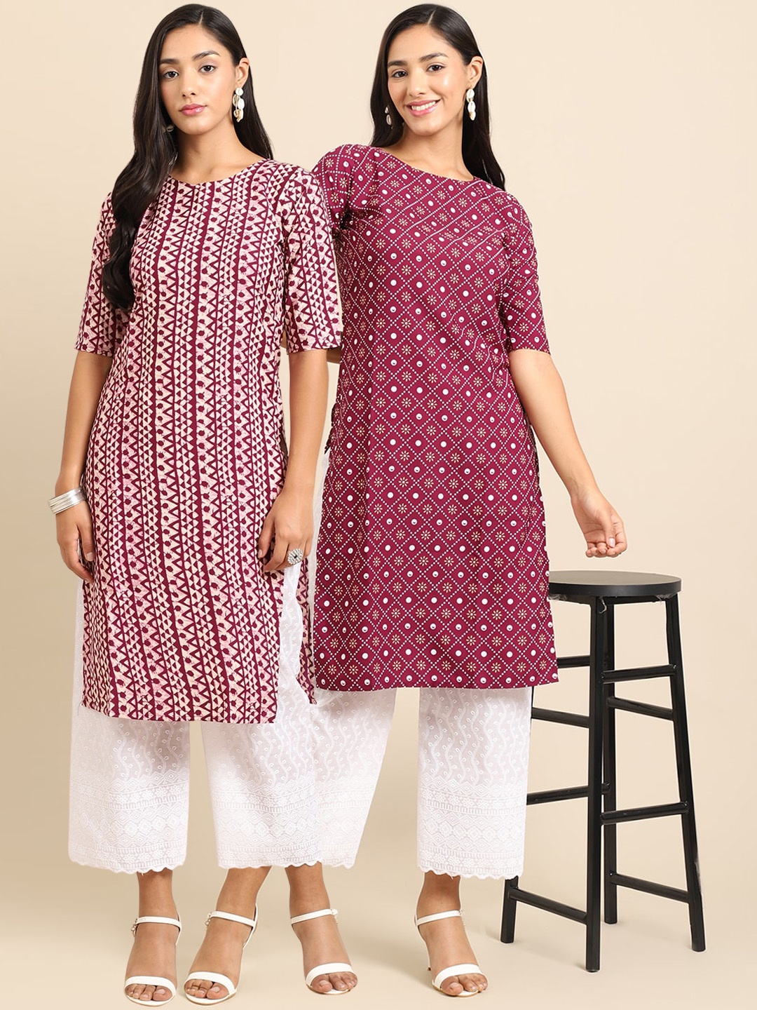 

7Threads Women Pack Of 2 Geometric Printed Thread Work Block Print Handloom Crepe Kurta, Multi