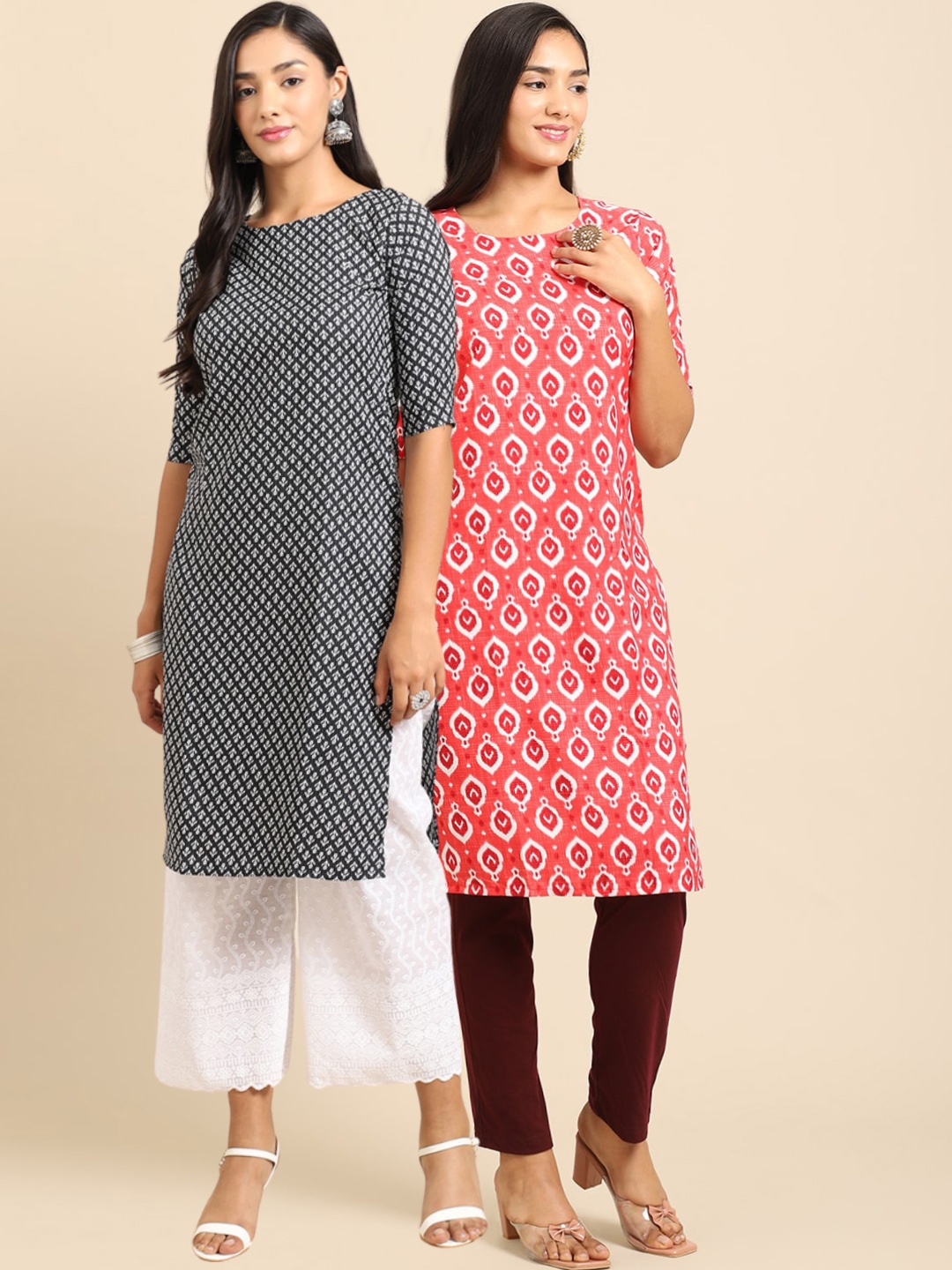 

7Threads Women Pack of 2 Black Geometric Printed Crepe Kurta