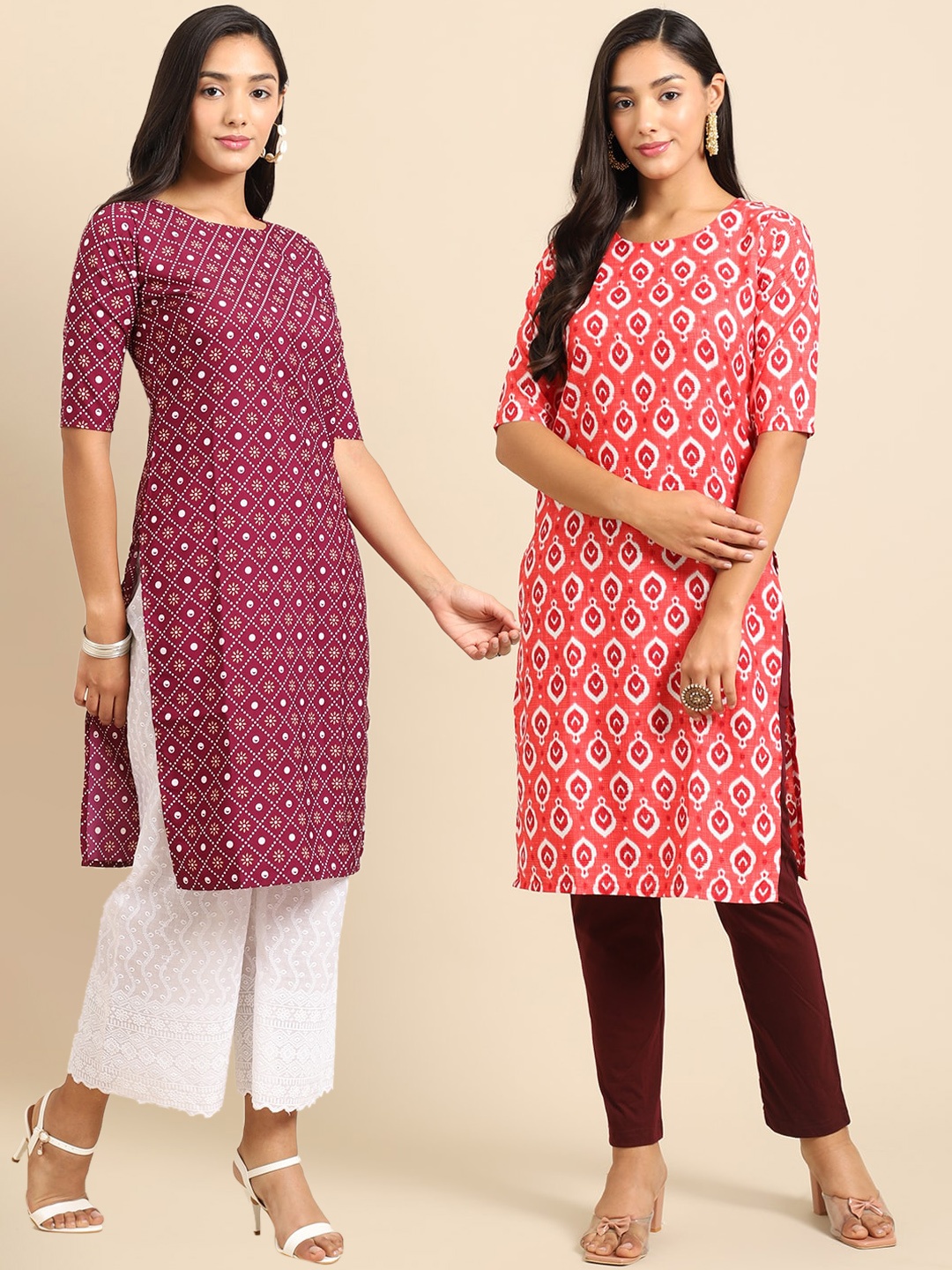 

7Threads Women Pack of 2 Maroon & Coral Pink Printed Crepe Kurtas