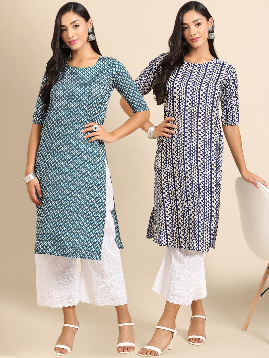 

7Threads Women Pack of 2 Teal & Navy Blue Ethnic Motifs Printed Crepe Kurta