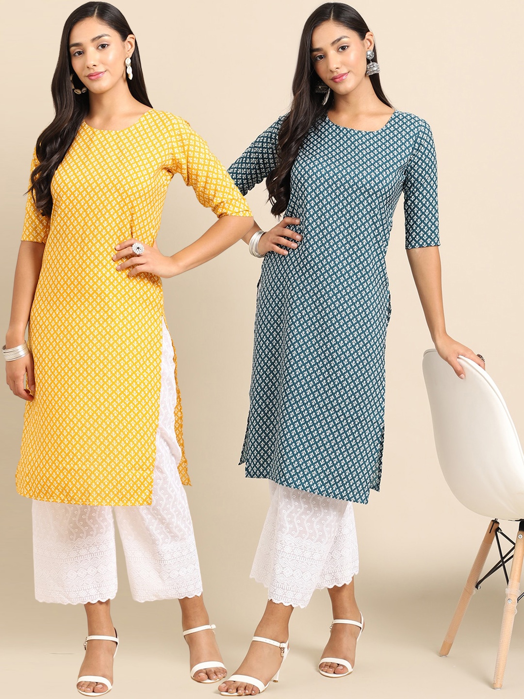 

7Threads Women Pack of 2 Yellow & Blue Digital Printed Crepe Straight Kurtas