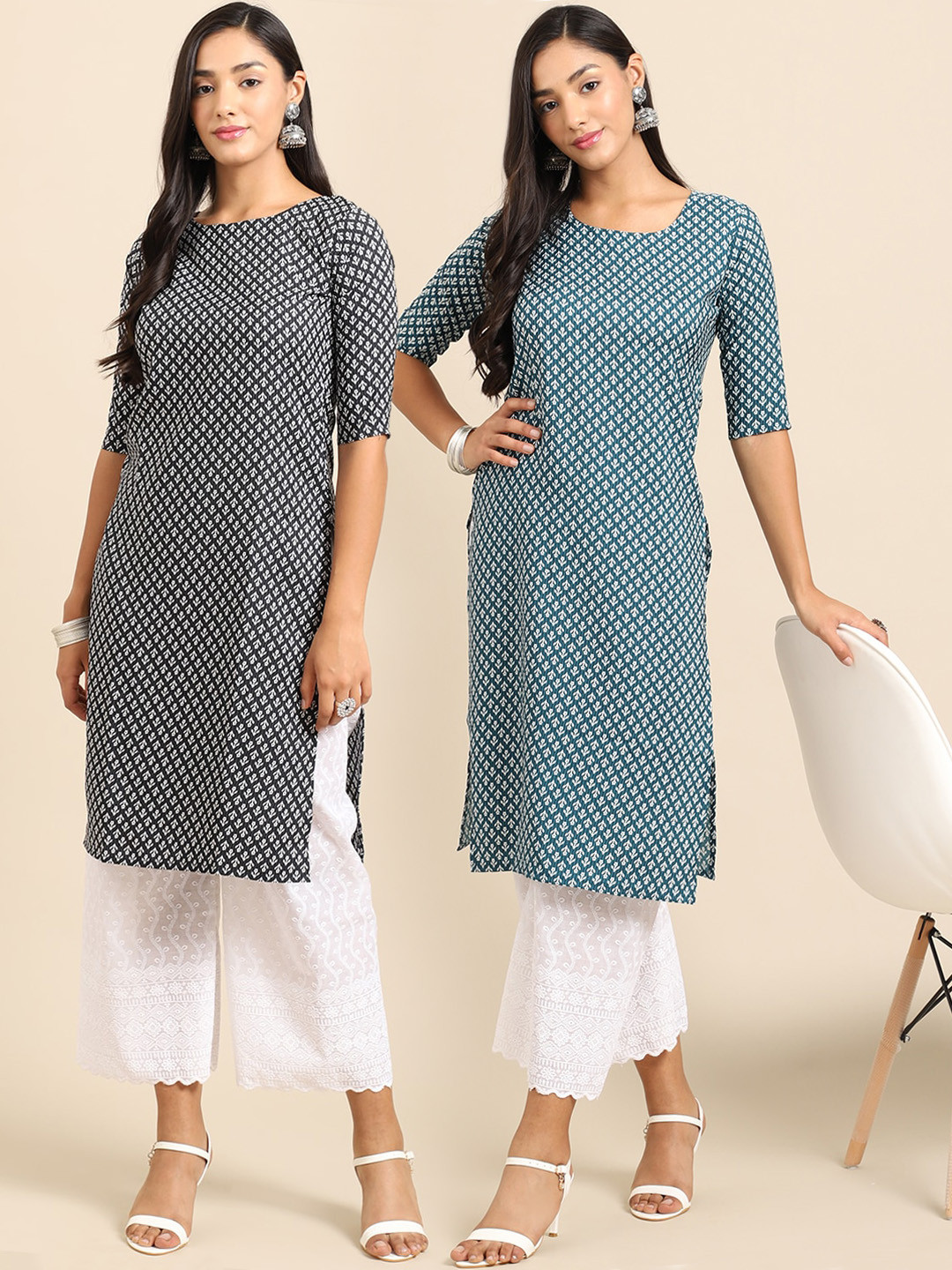 

7Threads Women Pack Of 2 Black & Blue Floral Printed Crepe Kurta