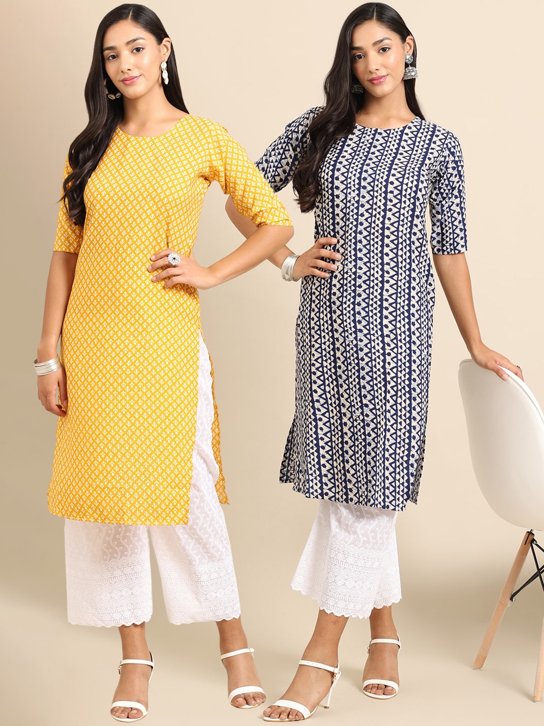 

7Threads Women Pack of 2 Yellow & Blue Geometric Print Crepe Kurta