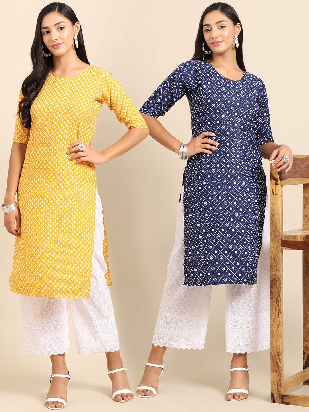 

7Threads Women Pack Of 2 Yellow & Blue Geometric Printed Crepe Kurta