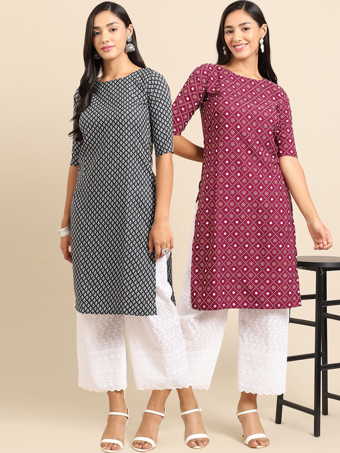 

7Threads Women Pack Of 2 Black & Maroon Floral Printed Crepe Kurta