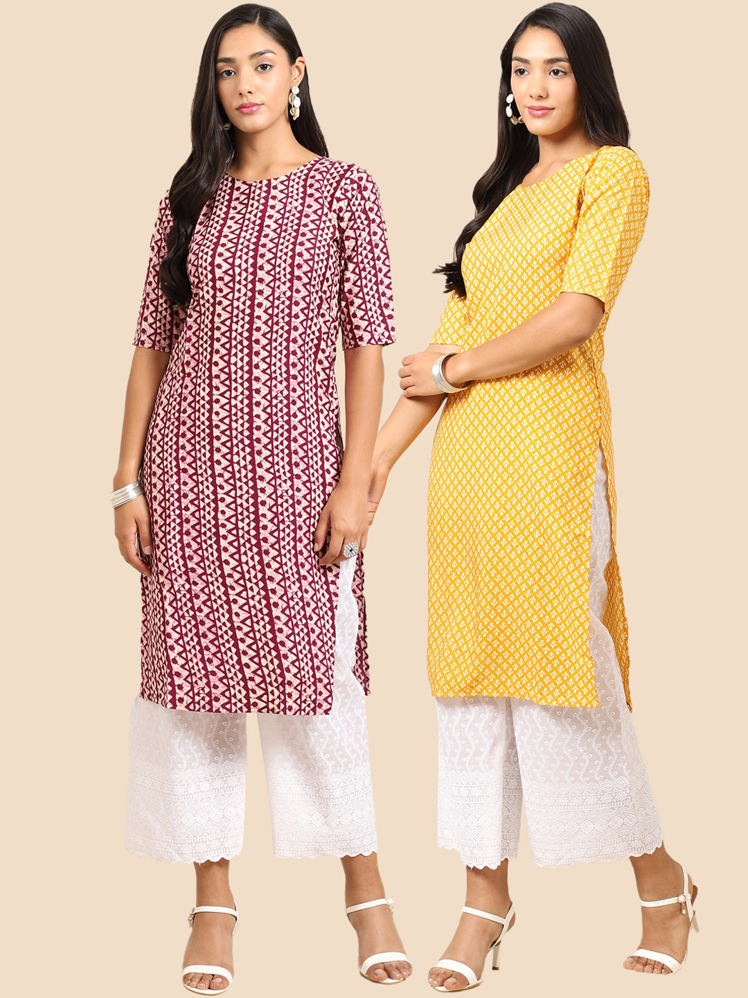 

7Threads Women Pack of 2 Maroon & Yellow Ethnic Motifs Printed Handloom Crepe Kurta