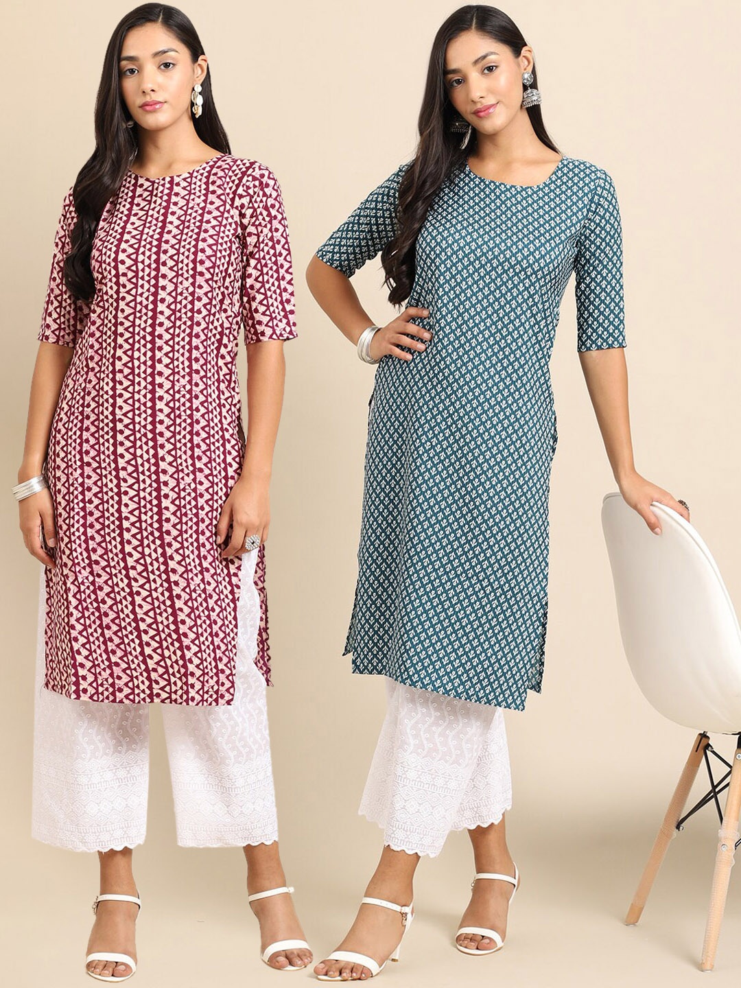 

7Threads Women Pack Of 2 Maroon & Blue Geometric Printed Crepe Kurta