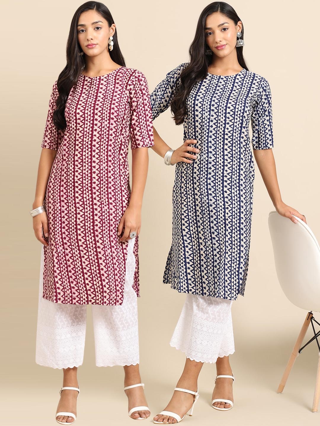 

7Threads Pack Of 2 Women Red & Black Printed Crepe Kurta