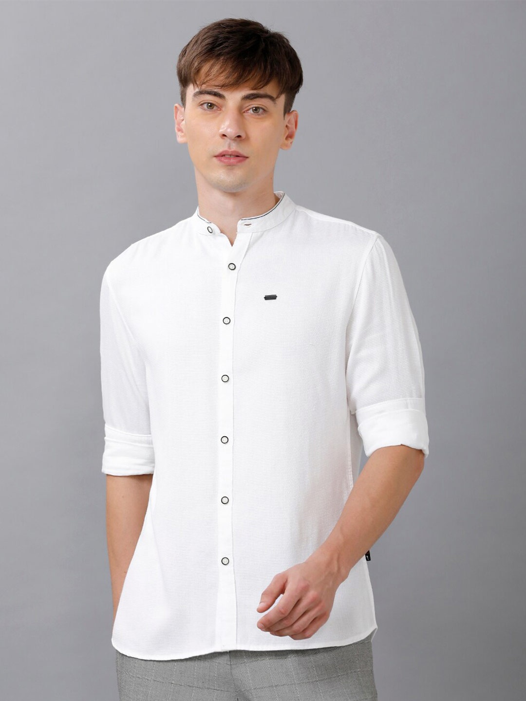 

IDENTITI Men White Comfort Mandarin Collar Slim Fit Roll-Up Sleeves Casual Shirt