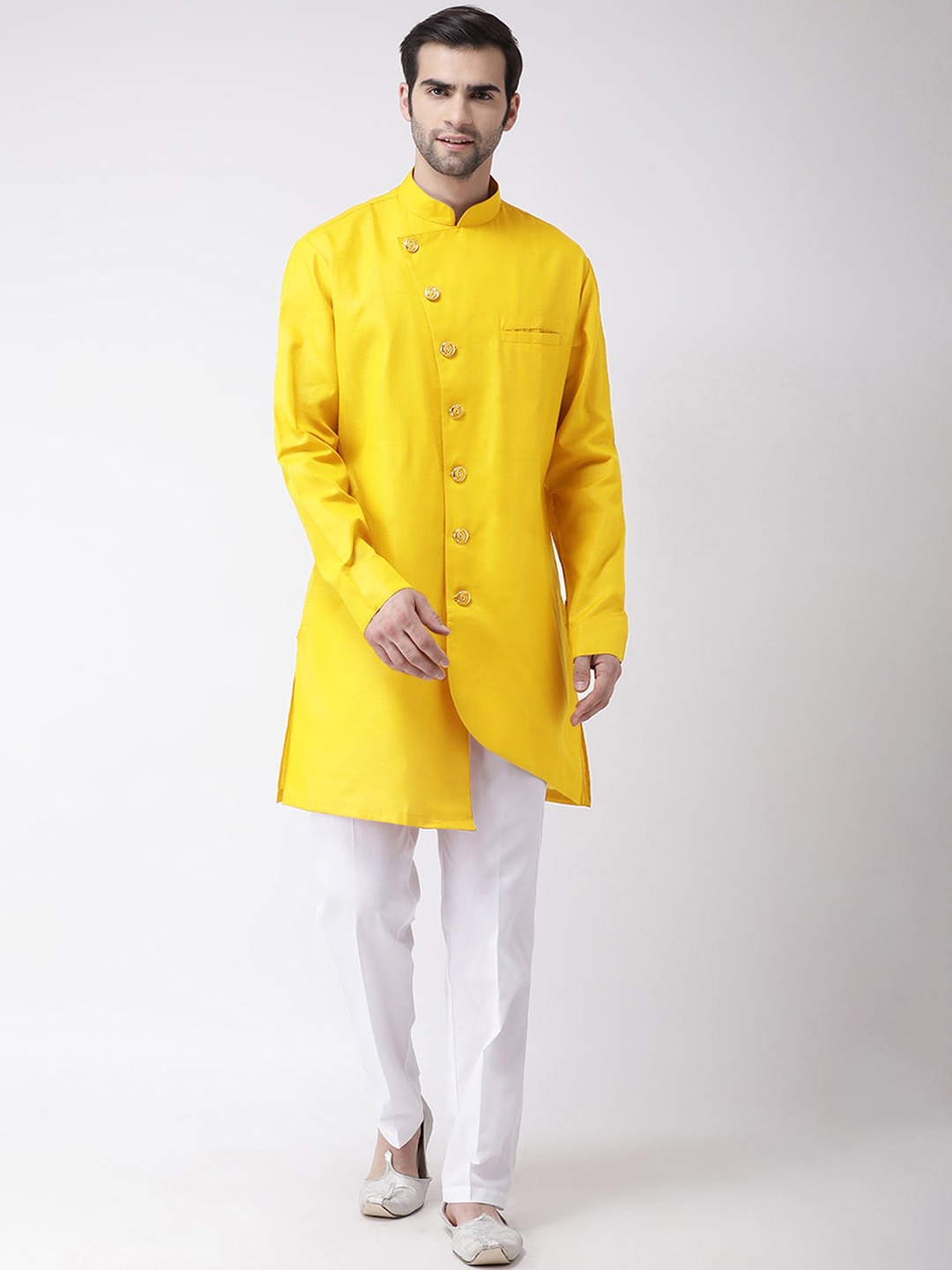 

SG LEMAN Men Mustard Yellow Striped Angrakha Top with Pyjamas