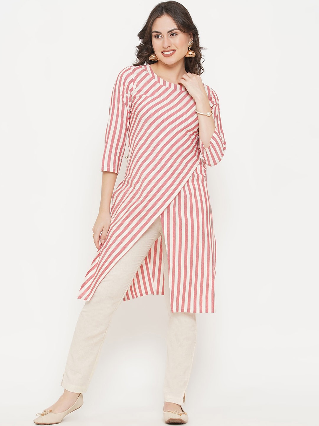 

FABNEST Women Red Striped Cotton Kurta