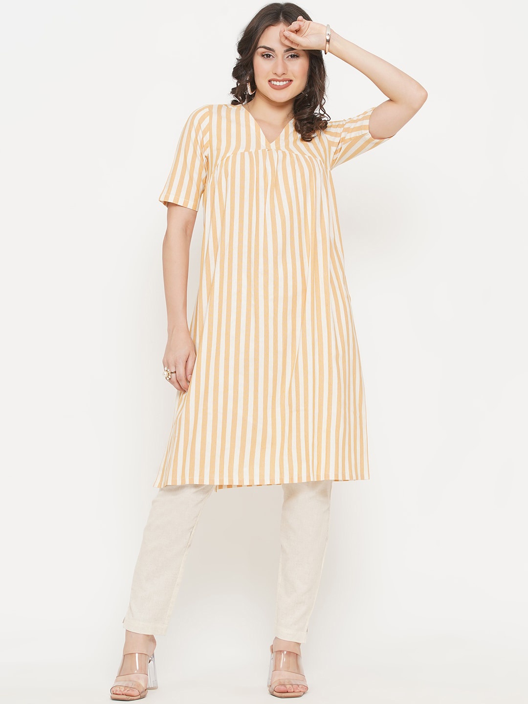 

FABNEST Women Yellow & White Striped Kurta