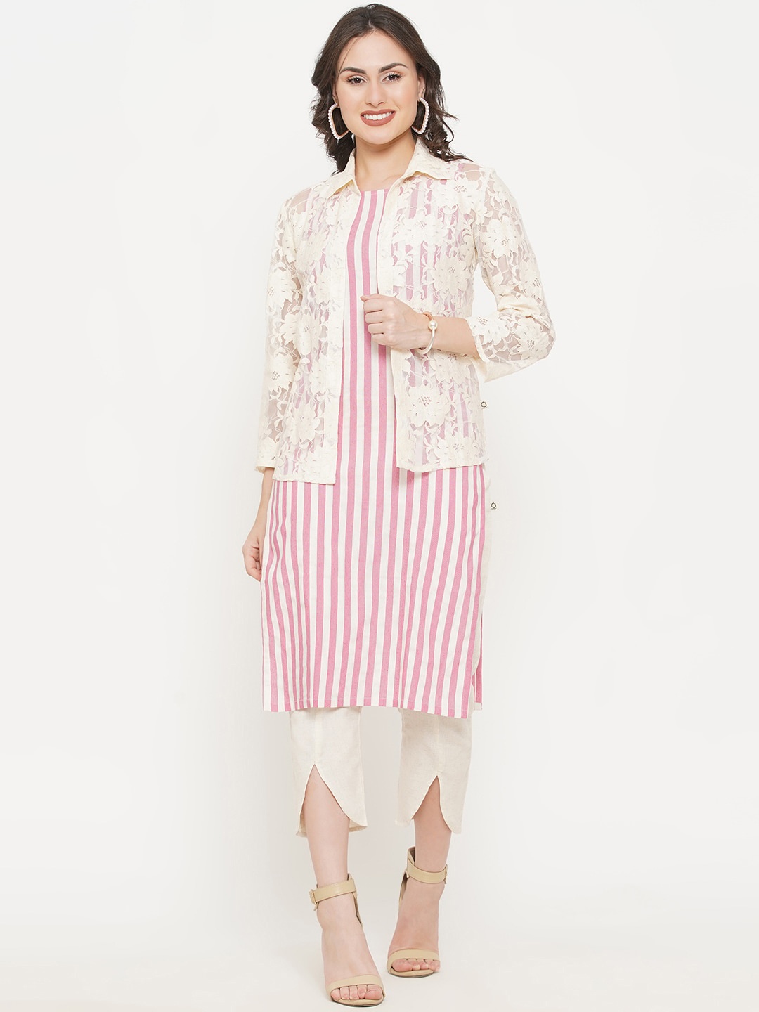 

FABNEST Women White & Pink Striped Straight Kurta With Jacket