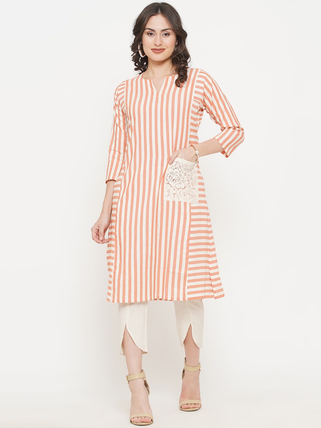 

FABNEST Women Orange Striped Kurta