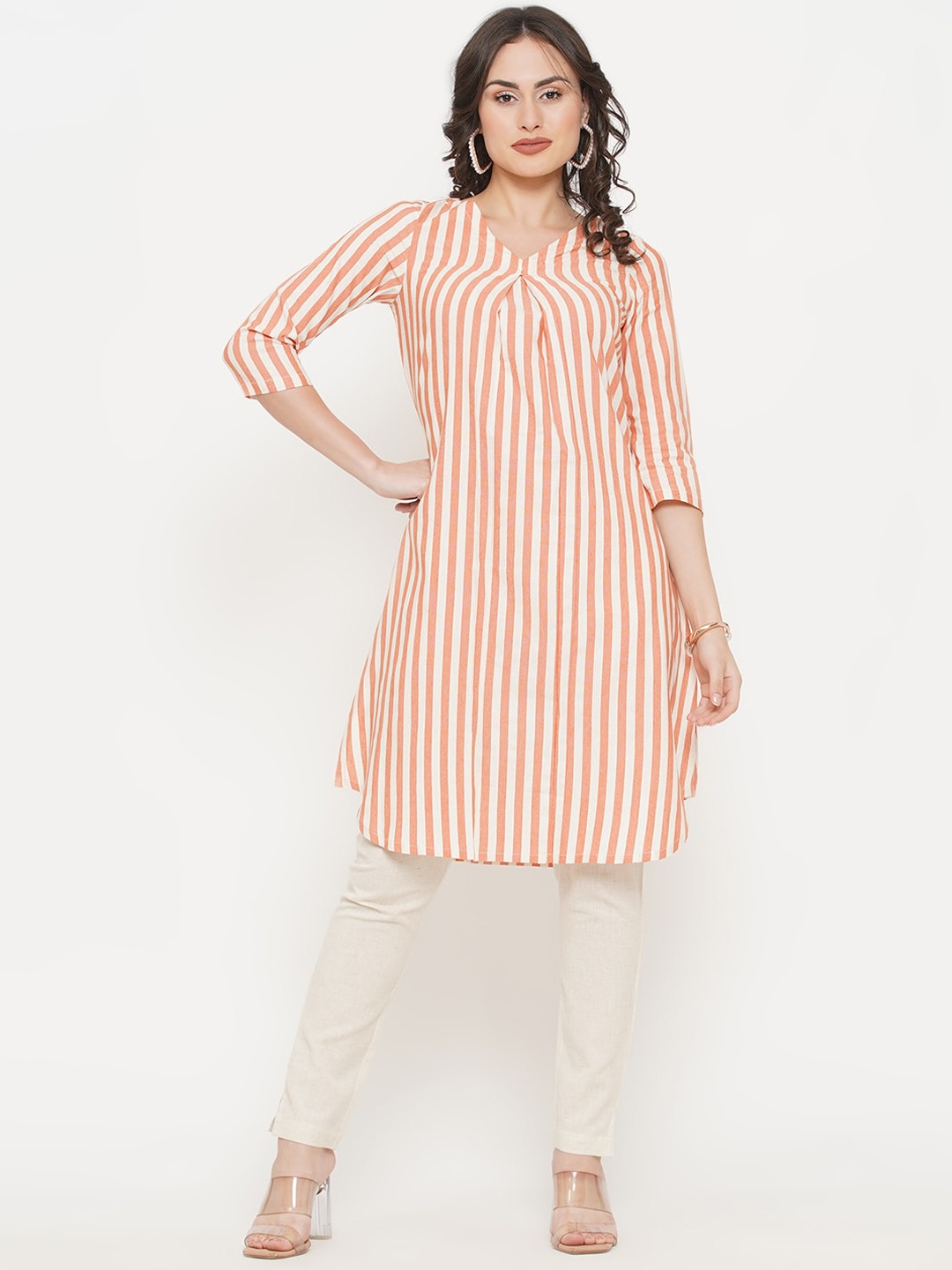 

FABNEST Women Orange & White Striped Cotton Kurta