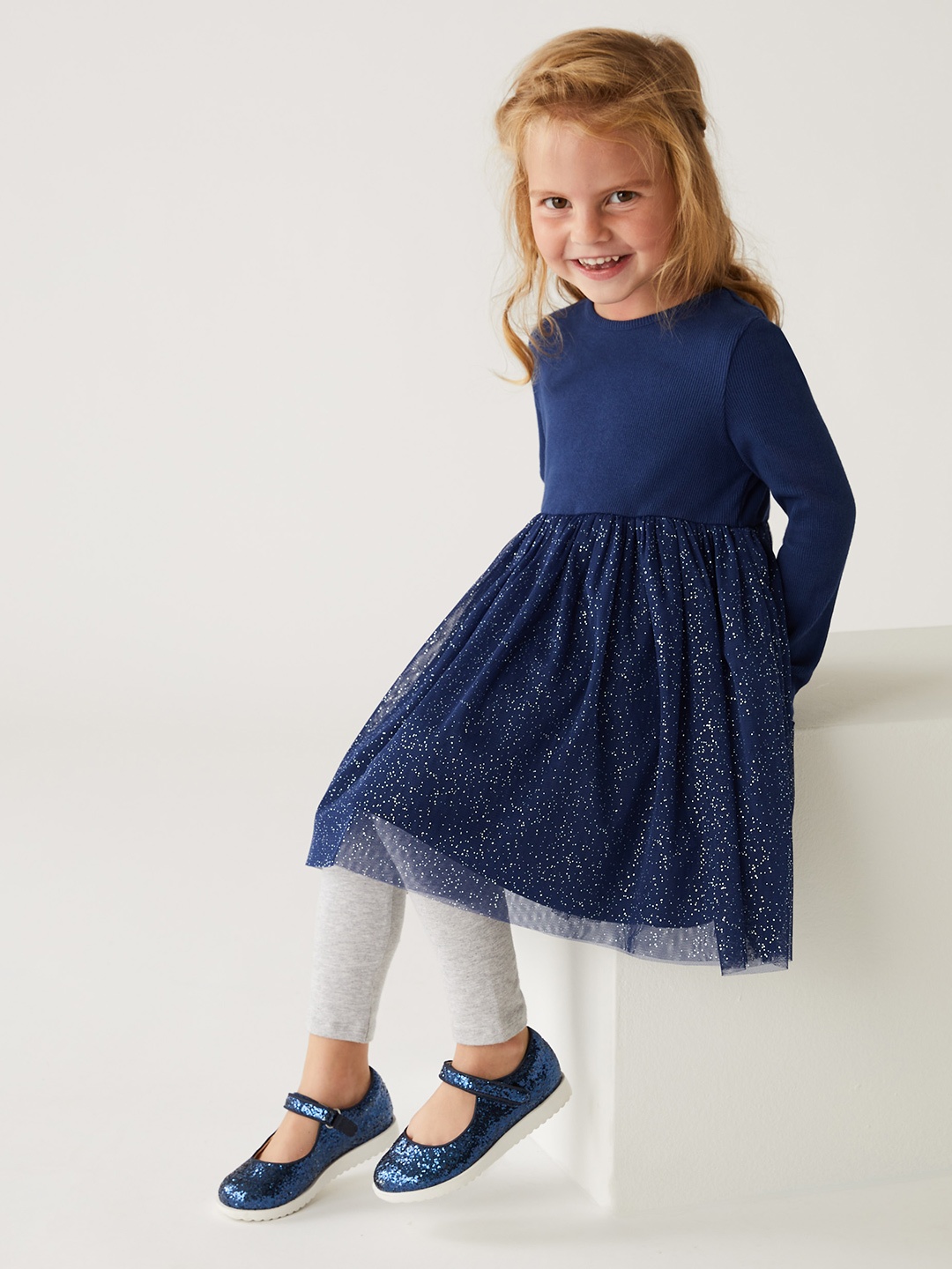 

Marks & Spencer Girls Navy Blue Solid Cotton Round Neck Dress