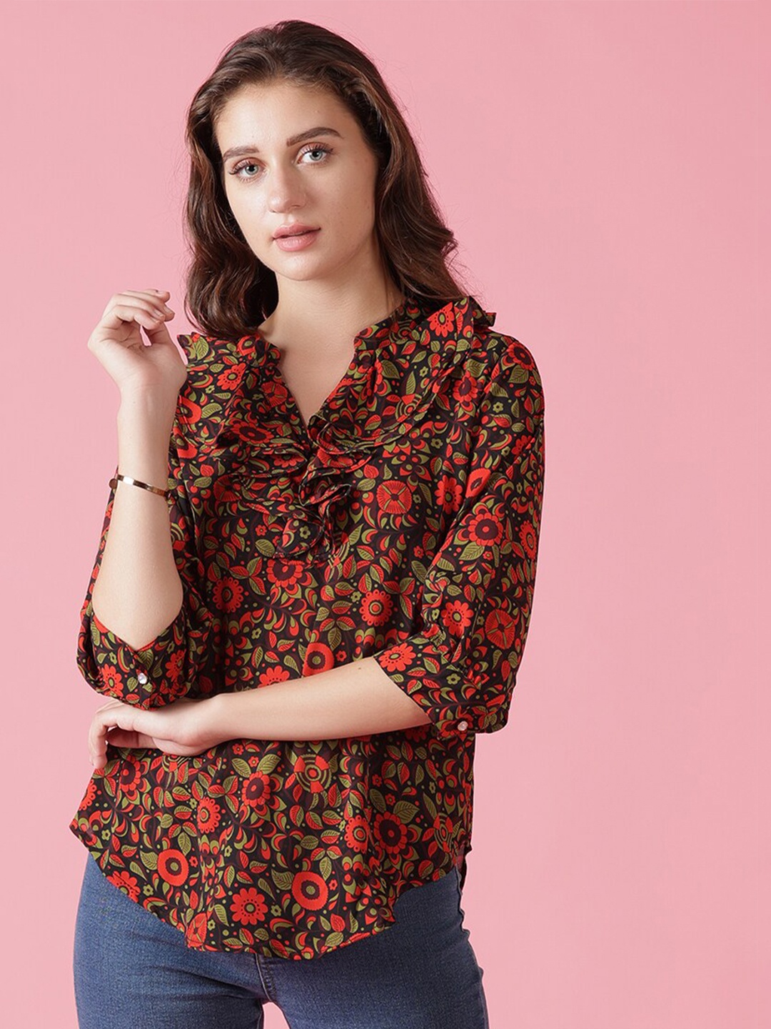 

Gipsy Red Floral Print Mandarin Collar Top