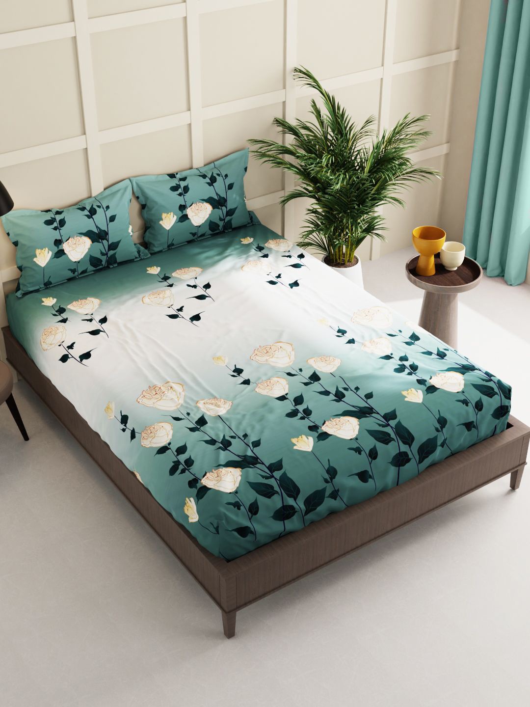 

BIANCA Green & White Floral 150 TC Queen Bedsheet with 2 Pillow Covers