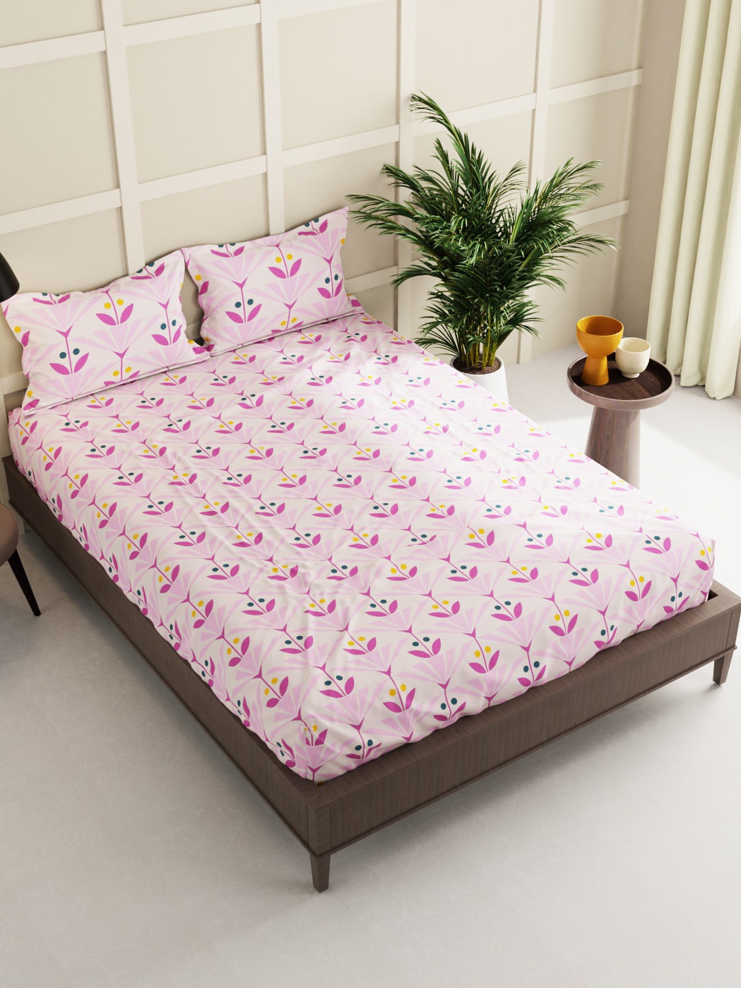 

KOPA Pink & White Floral 150 TC Queen Bedsheet with 2 Pillow Covers