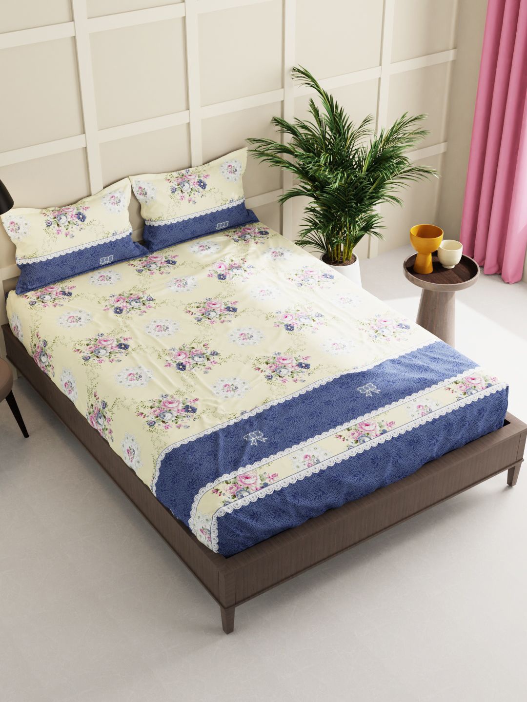 

BIANCA Yellow & Pink Floral 150 TC Queen Bedsheet with 2 Pillow Covers