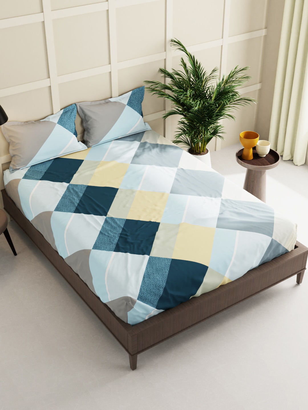

BIANCA White & Blue Geometric 150 TC Queen Bedsheet with 2 Pillow Covers