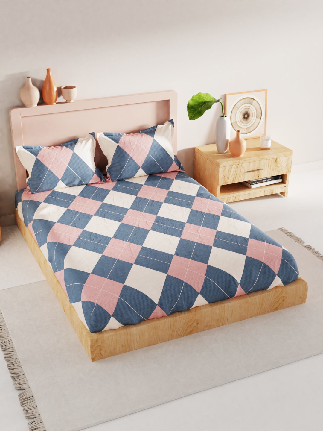 

BIANCA Blue & White Geometric 200 TC King Bedsheet with 2 Pillow Covers