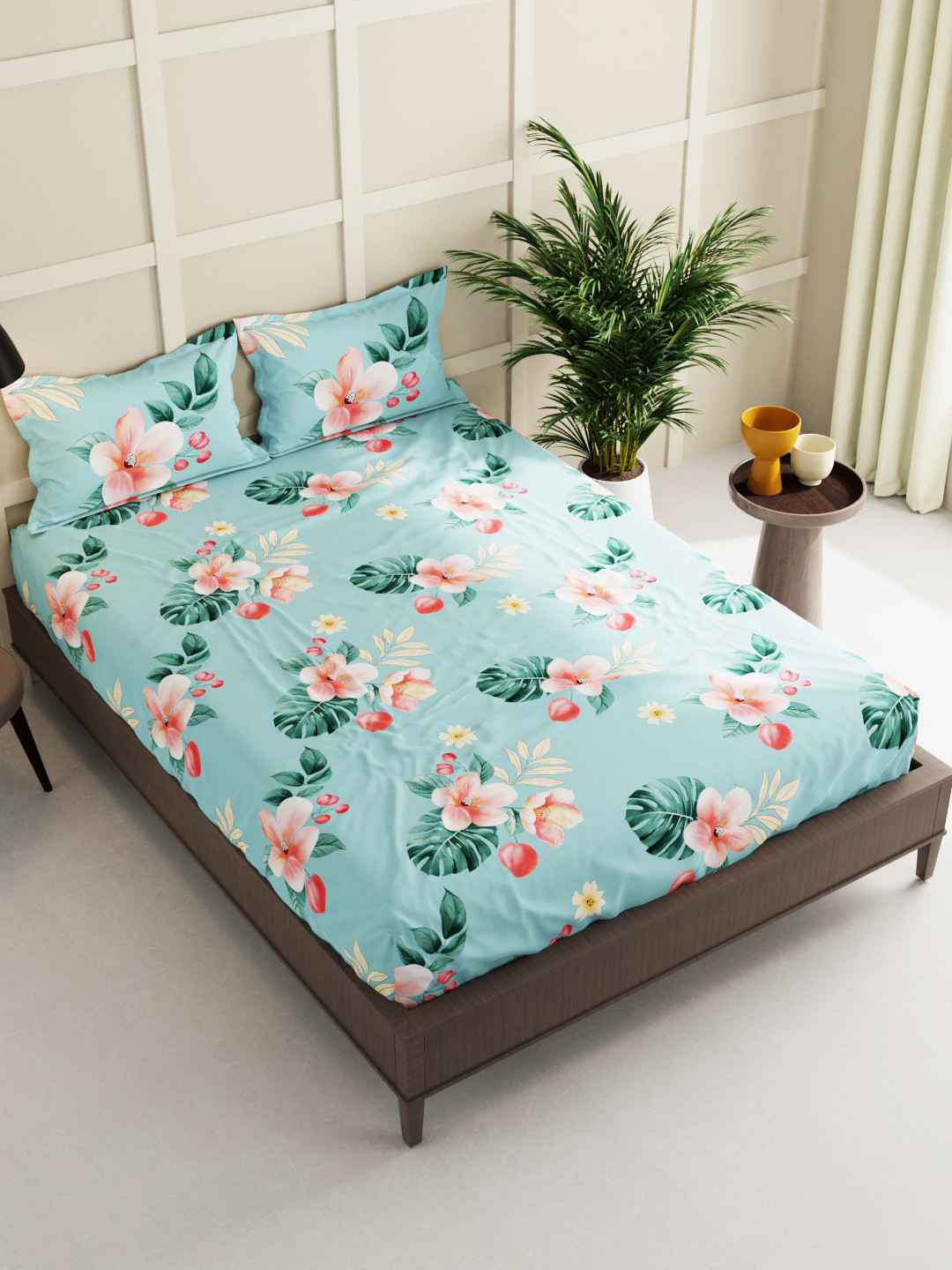 

BIANCA Blue & Pink Floral 150 TC Queen Bedsheet with 2 Pillow Covers