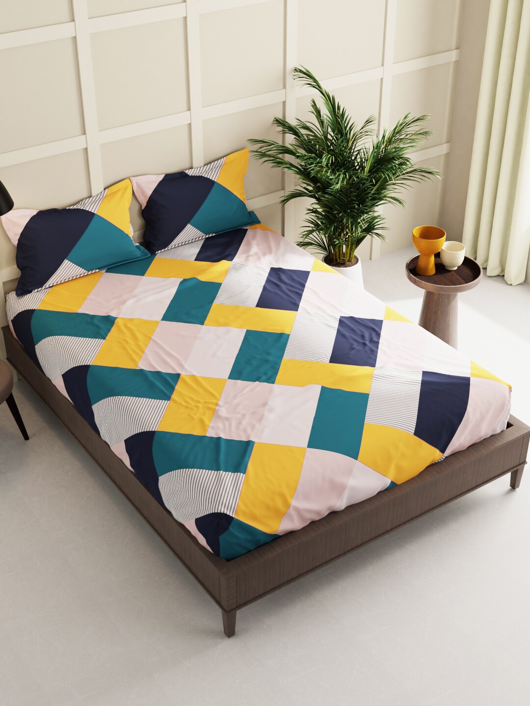 

BIANCA Yellow & Blue Geometric 150 TC Queen Bedsheet with 2 Pillow Covers