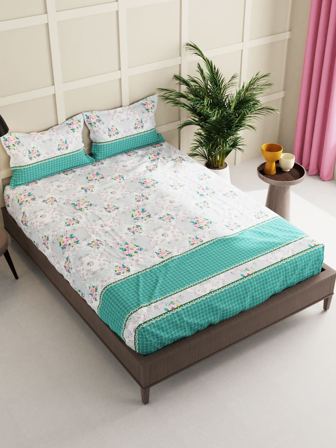 

KOPA Green & Grey Floral 150 TC Queen Bedsheet with 2 Pillow Covers