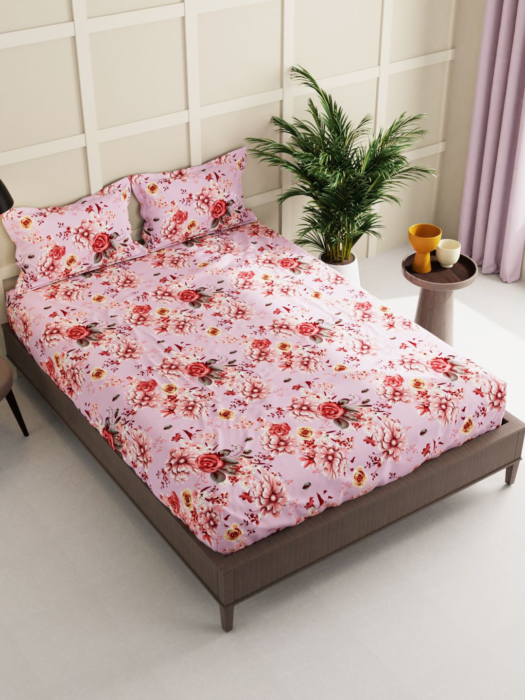 

KOPA Pink & Grey Floral 150 TC Queen Bedsheet with 2 Pillow Covers