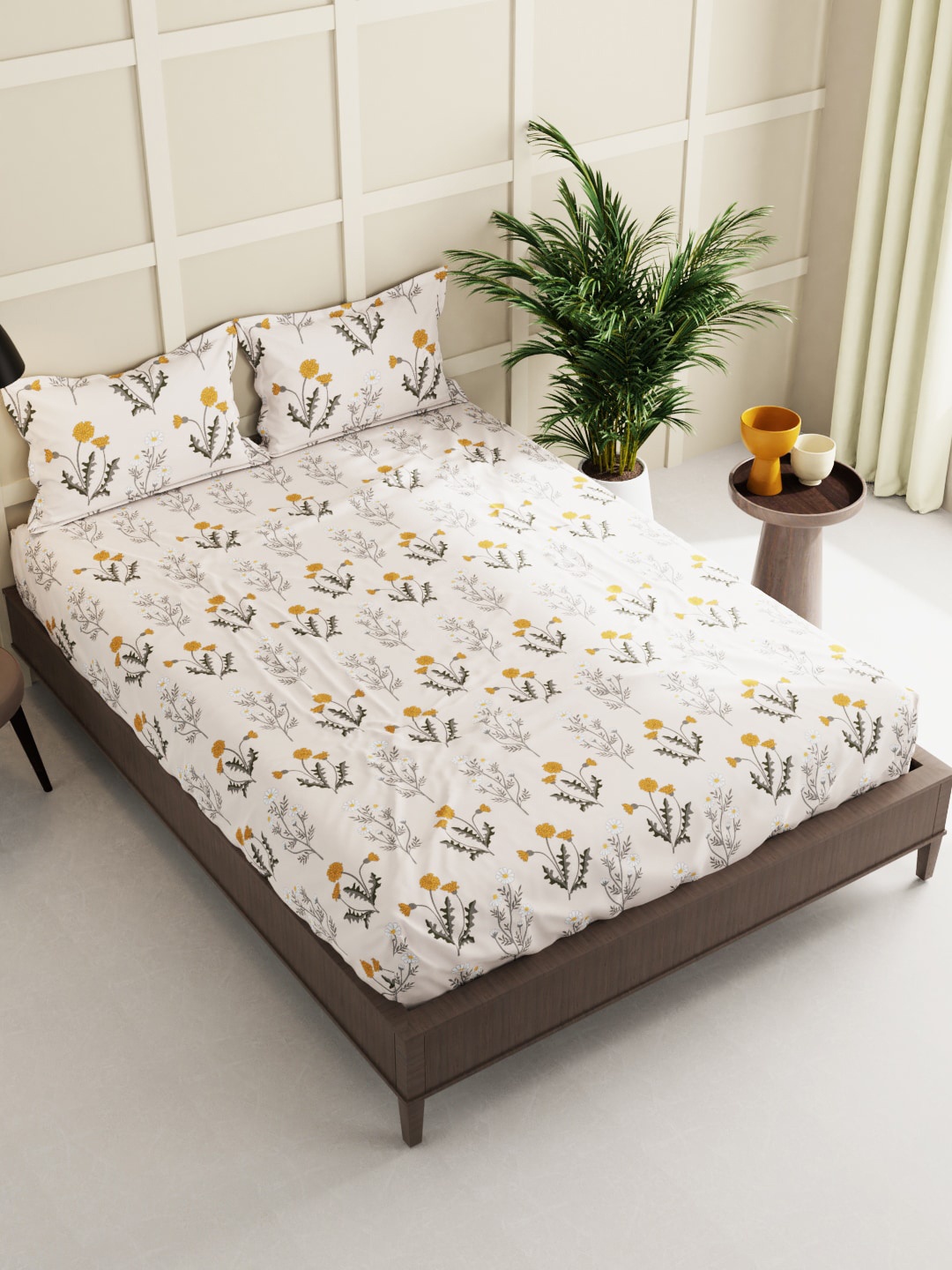 

BIANCA Beige & Yellow Floral 150 TC Queen Bedsheet with 2 Pillow Covers