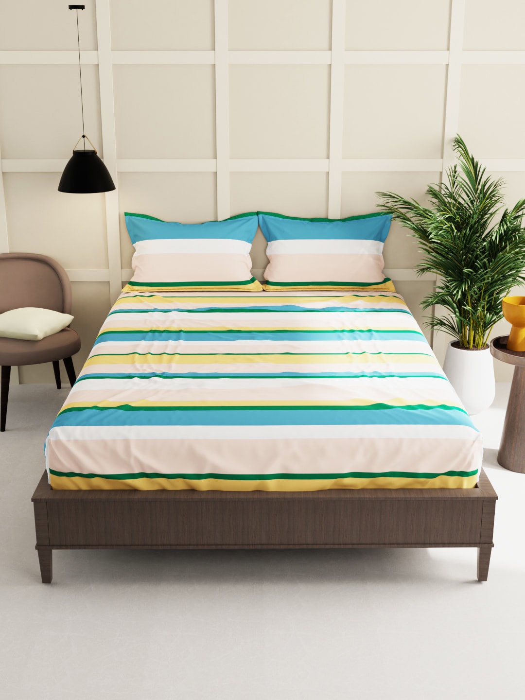 

BIANCA Blue & Yellow Striped 150 TC Queen Bedsheet with 2 Pillow Covers